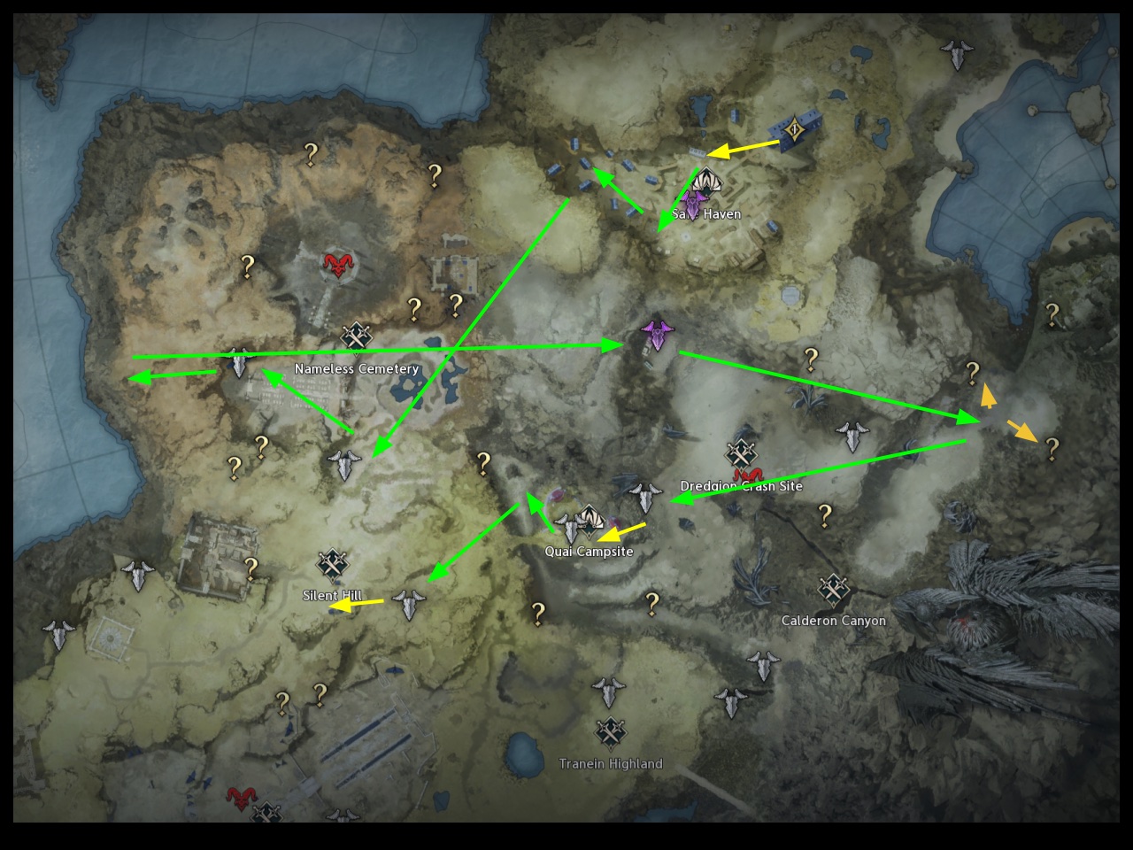 Mapa de Safe Haven com setas verdes das missões secundárias.