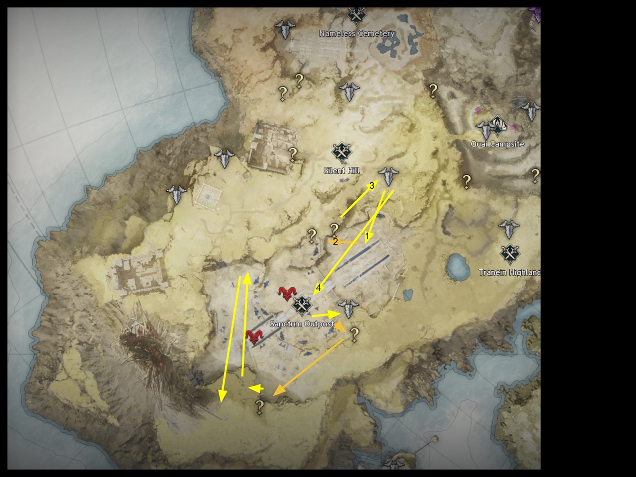 Mapa de Silent Hill com a rota da missão principal e as masmorras de selo.