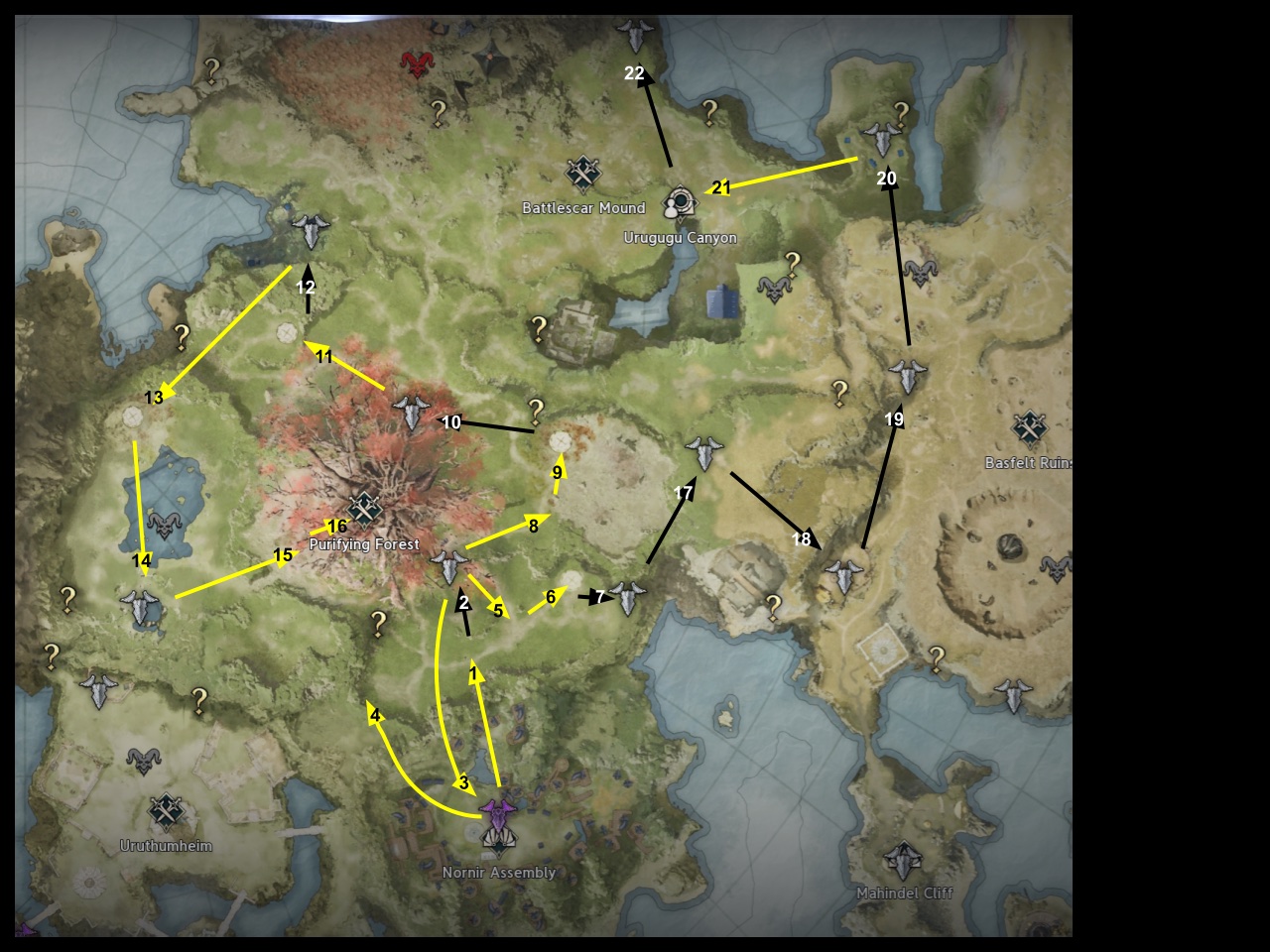 Mapa da Fase 4, parte 3, com setas amarelas da MSQ e setas pretas dos kisks.